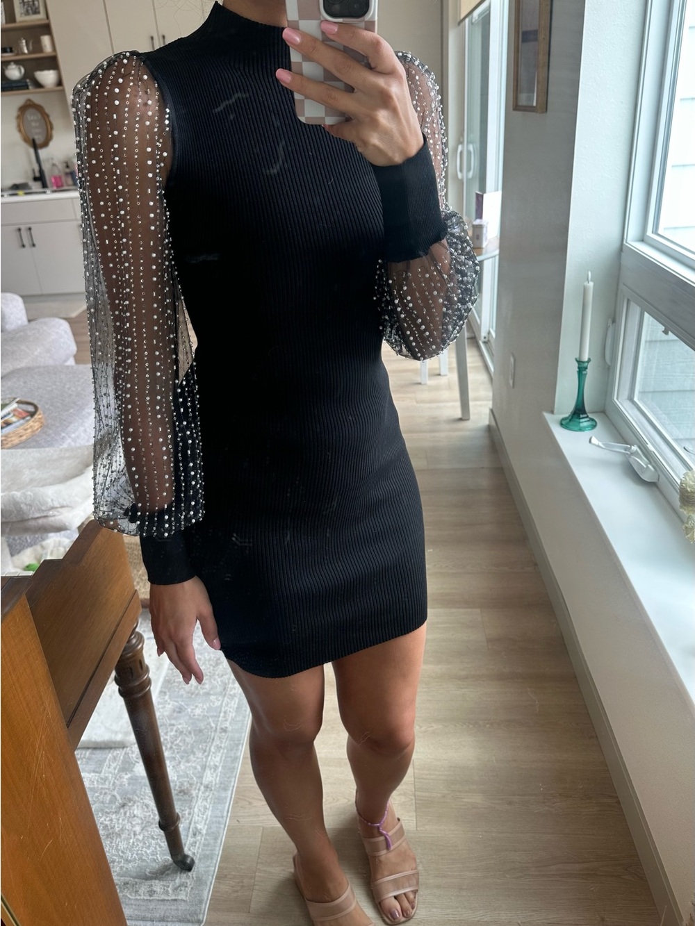 Black Ribbed Mini Dress w/ Sheer Pearl Beaded Sleeves | Statement